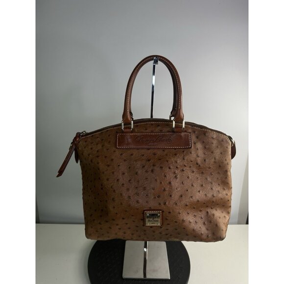 DAMAGED Dooney & Bourke Ostrich Domed Leather Satchel Cognac Handbag - Picture 1 of 11